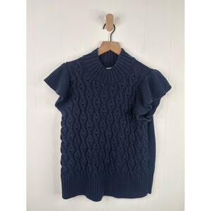 On 34th Flutter Sleeve Cable Knit Mock Neck Sweater Plus 1X Navy Blue Ruffle